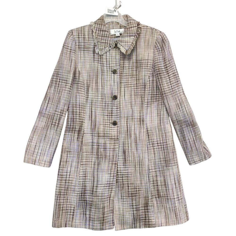 Vintage Le Suit Women's 8 Tweed Long Coat, Fringe Collar,‎ 4-Button, Preppy 90s
